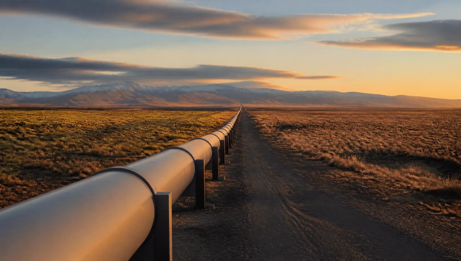Pipeline crossing the Patagonian steppe at sunset.